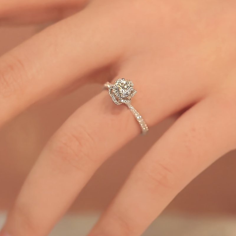 925 Sterling Silver Rose Flower Inlaid Zirconia Ring