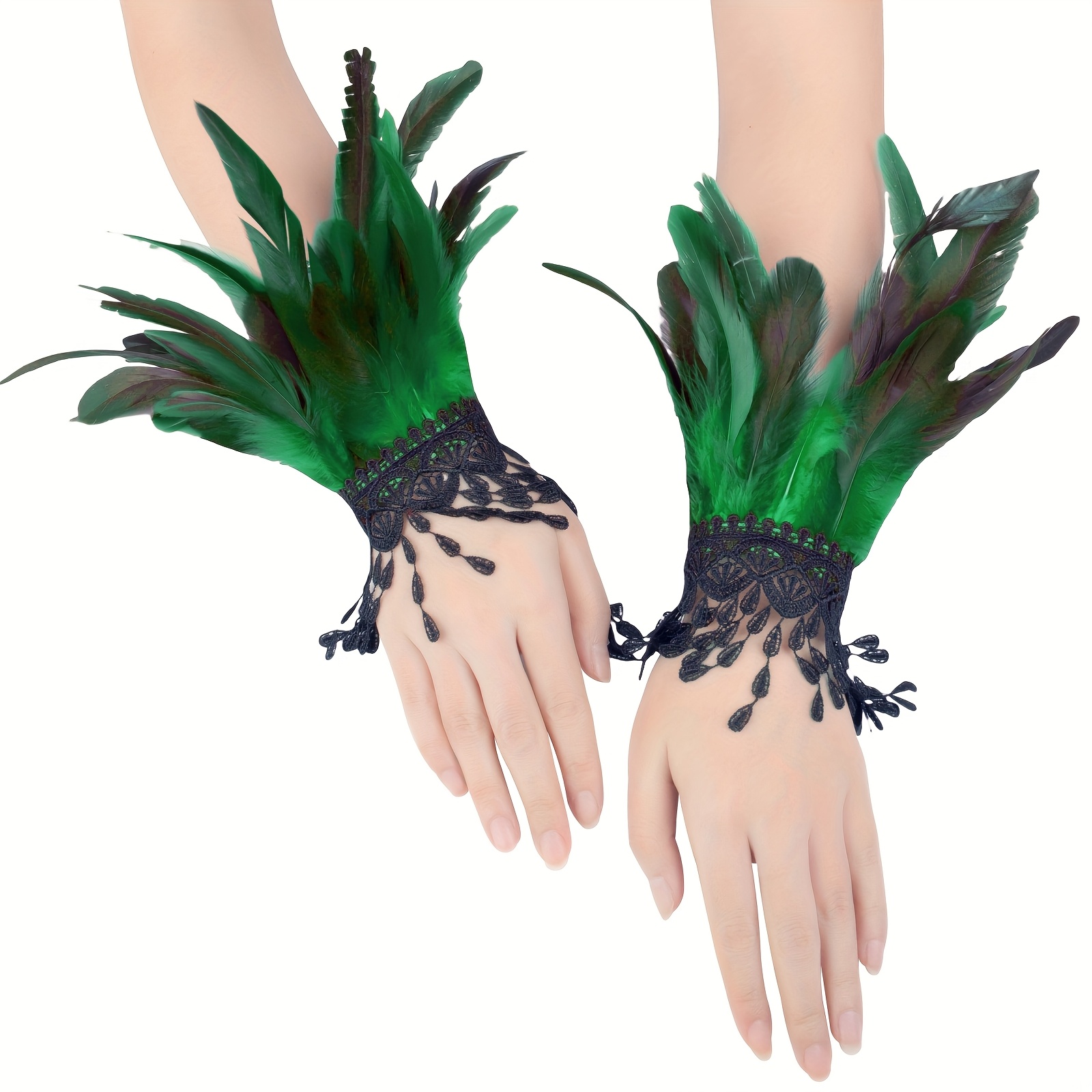 TEMU Women's Feather Lace Halloween Hand Gloves Gothic Christmas Rave Punk Wedding Party Costumes Accessories 2pcs