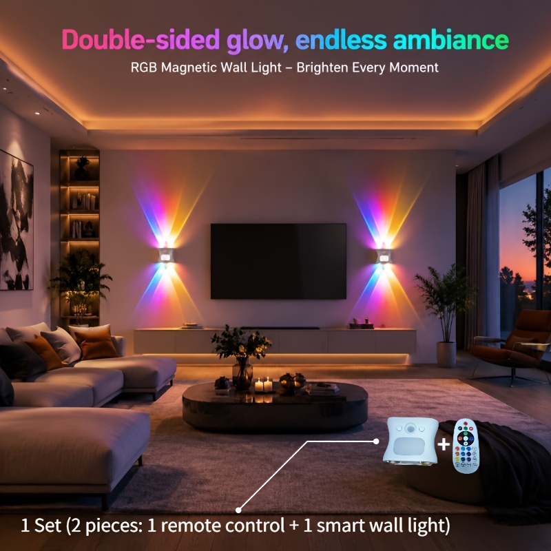 TEMU 1 Set (2pcs): 1 Remote Control + 1 Light, 16- Motion Sensor Rgb Wall Light Night Light With Magnetic Mounting, Remote Control Operation, Usb