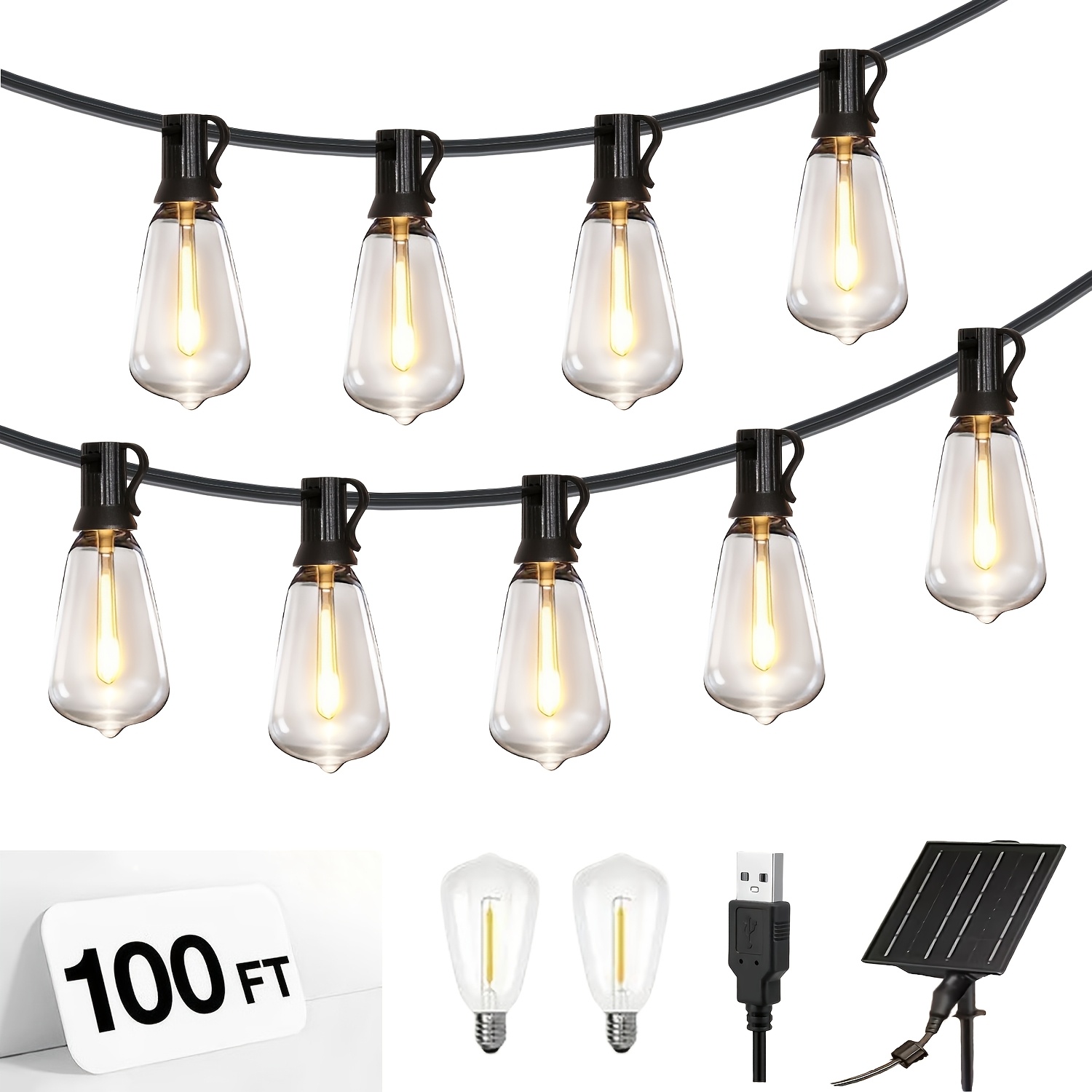 TEMU Outdoor Solar String Lights With Led, -resistant St38-2700k, Featuring 8 Lighting , Perfect For Gardens, Pools, Camping, Tents, Weddings, And