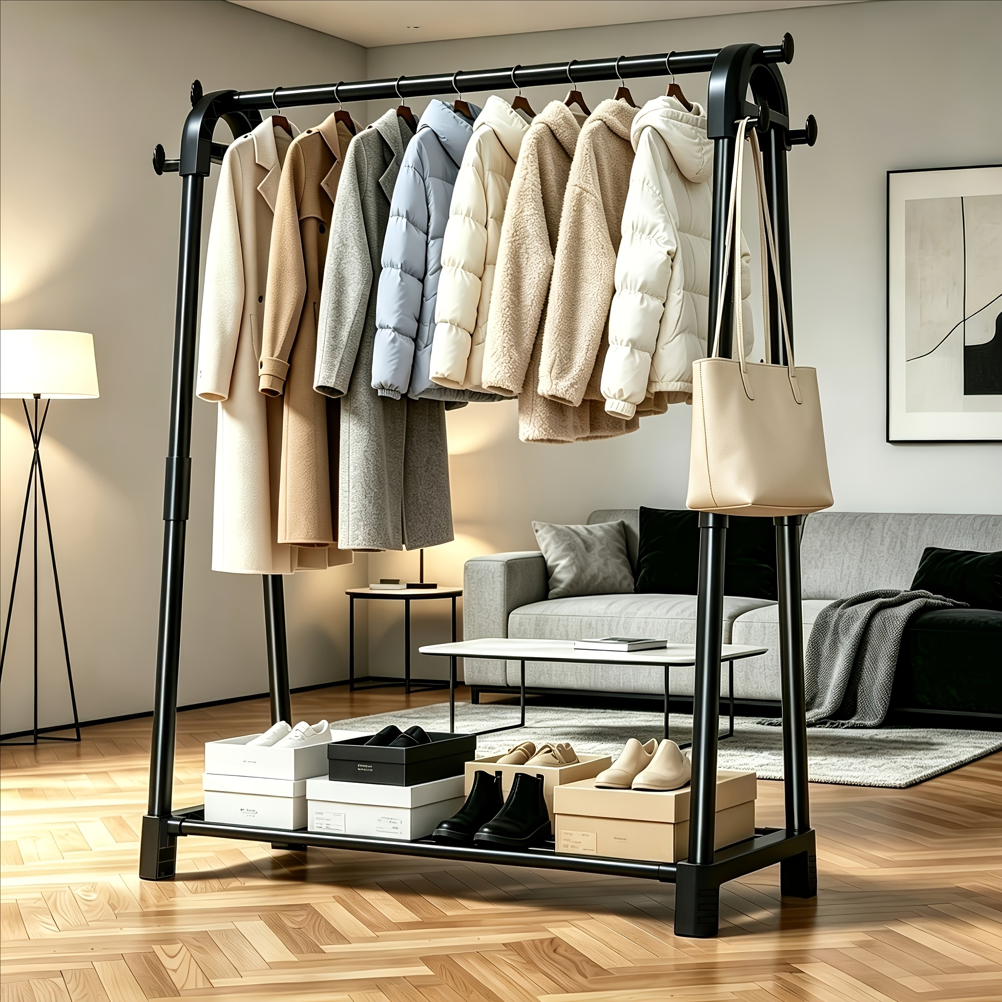 TEMU Heavy Duty Freestanding Metal Clothes Rack With Bottom Storage Shelf & Side Hooks, Multi Functional Garment Organizer, Coat Dress Pants Display