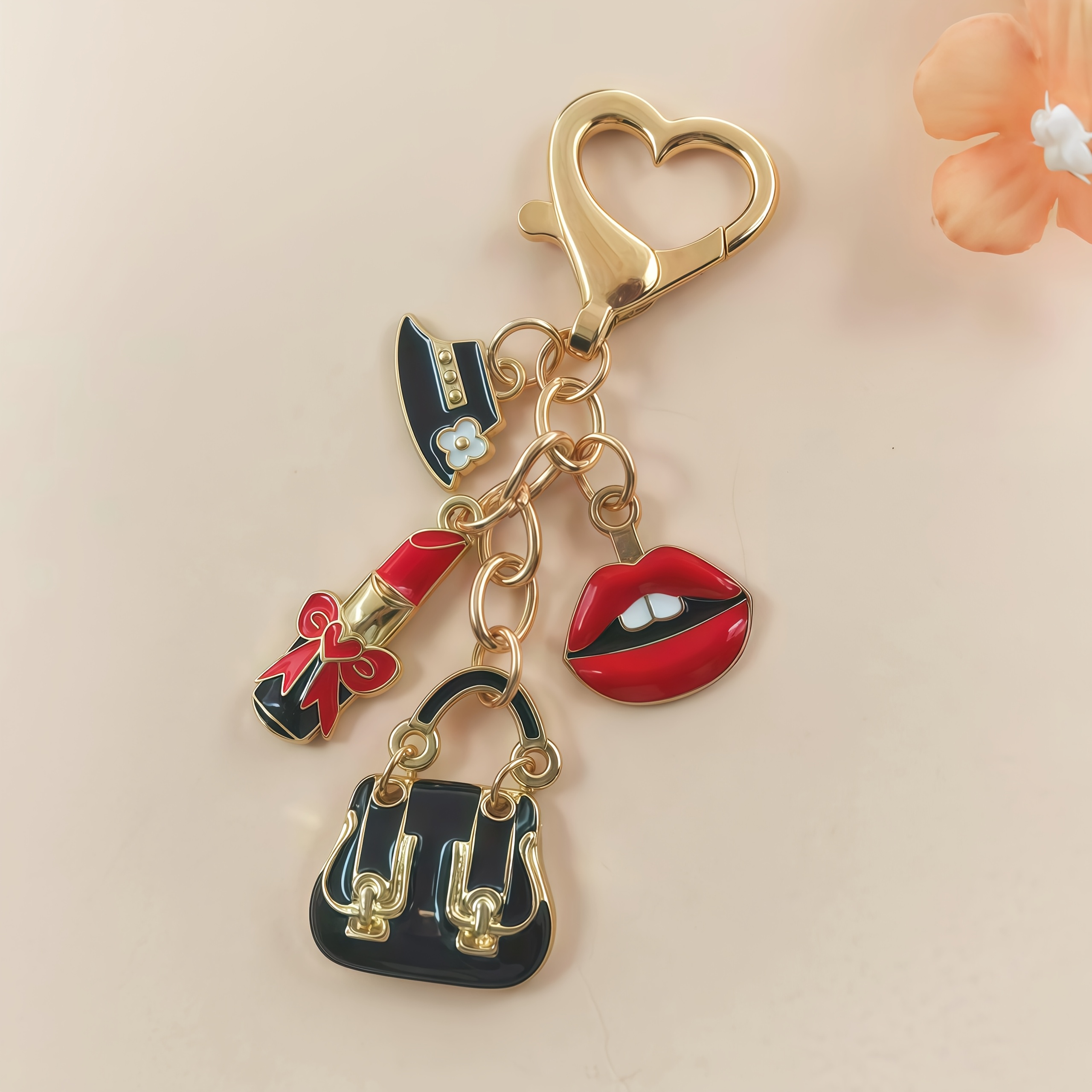 TEMU A Fashionable Light- Women's Themed Enamel Alloy Keychain, Trendy With A Heart-shaped Clasp. Pairs Well With Hats, Lipstick, Red Lips, Handbags,