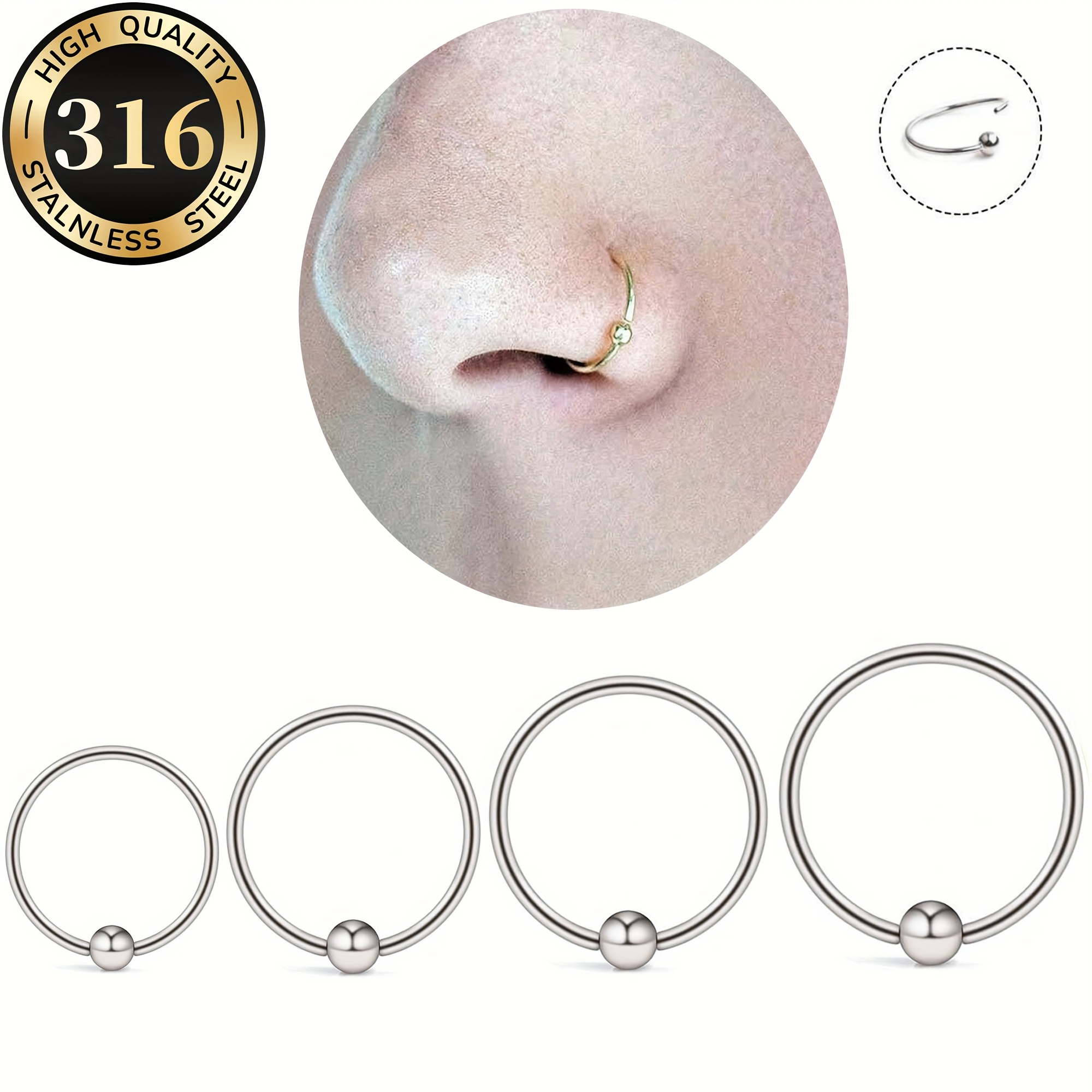E-shop 4er-Set ringförmige Nasenringe, 20g ultradünne hypoallergene 316 Edelstahl Knorpel-/Helix-Ohrringe mit festen Perlenbügeln, geeignet für