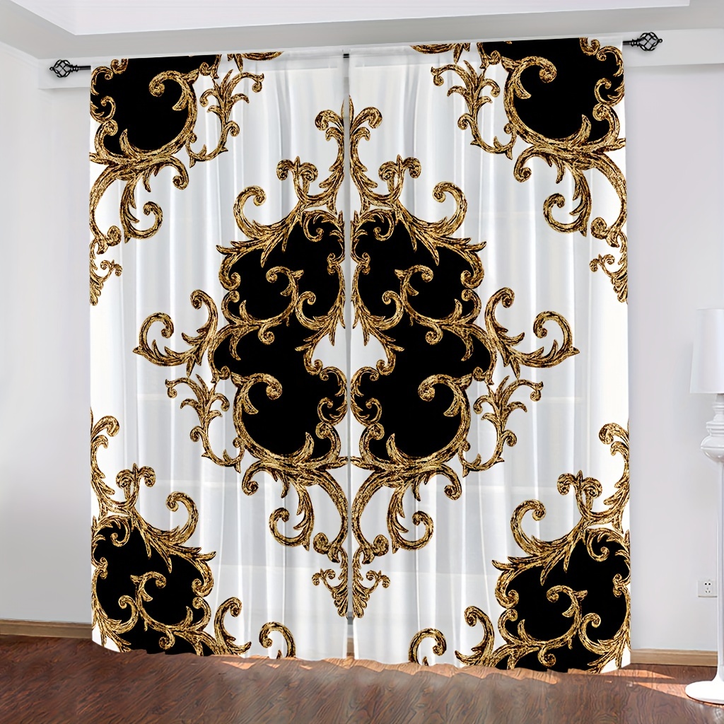 Image of Set Of 2 Black And White Baroque Floral Drapes, Elegant Golden Bohemian Modern Art Window Curtains With Rod Pocket For Bedroom And Living Room