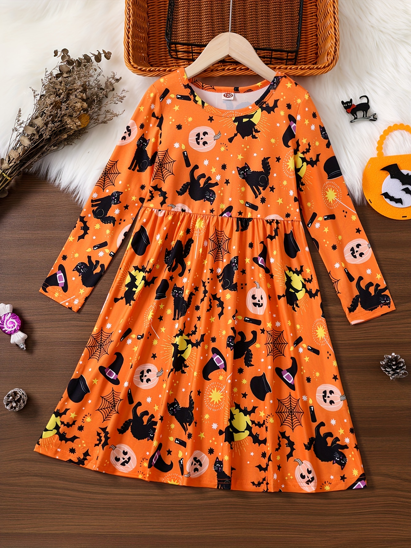 Girls Halloween Themed Dress with Cute Cat Pumpkin Print Stretchy Polyester Blend Machine Washable Parties