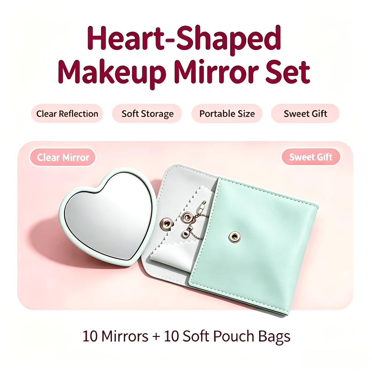 20pcs Heart-Shaped Makeup Mirror and Storage Pouch Set