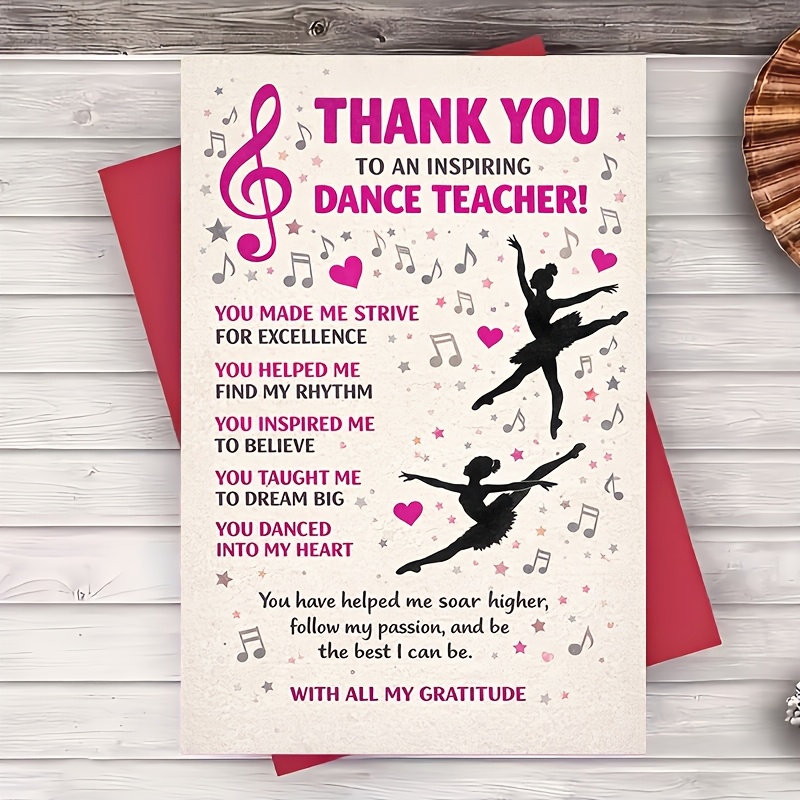 TEMU 1 Envelope And 1 Greeting Card Thank Teacher Greeting Card Ballet Theme Music Notes Appreciation Card For Mentor Graduation Classroom Gift 2d
