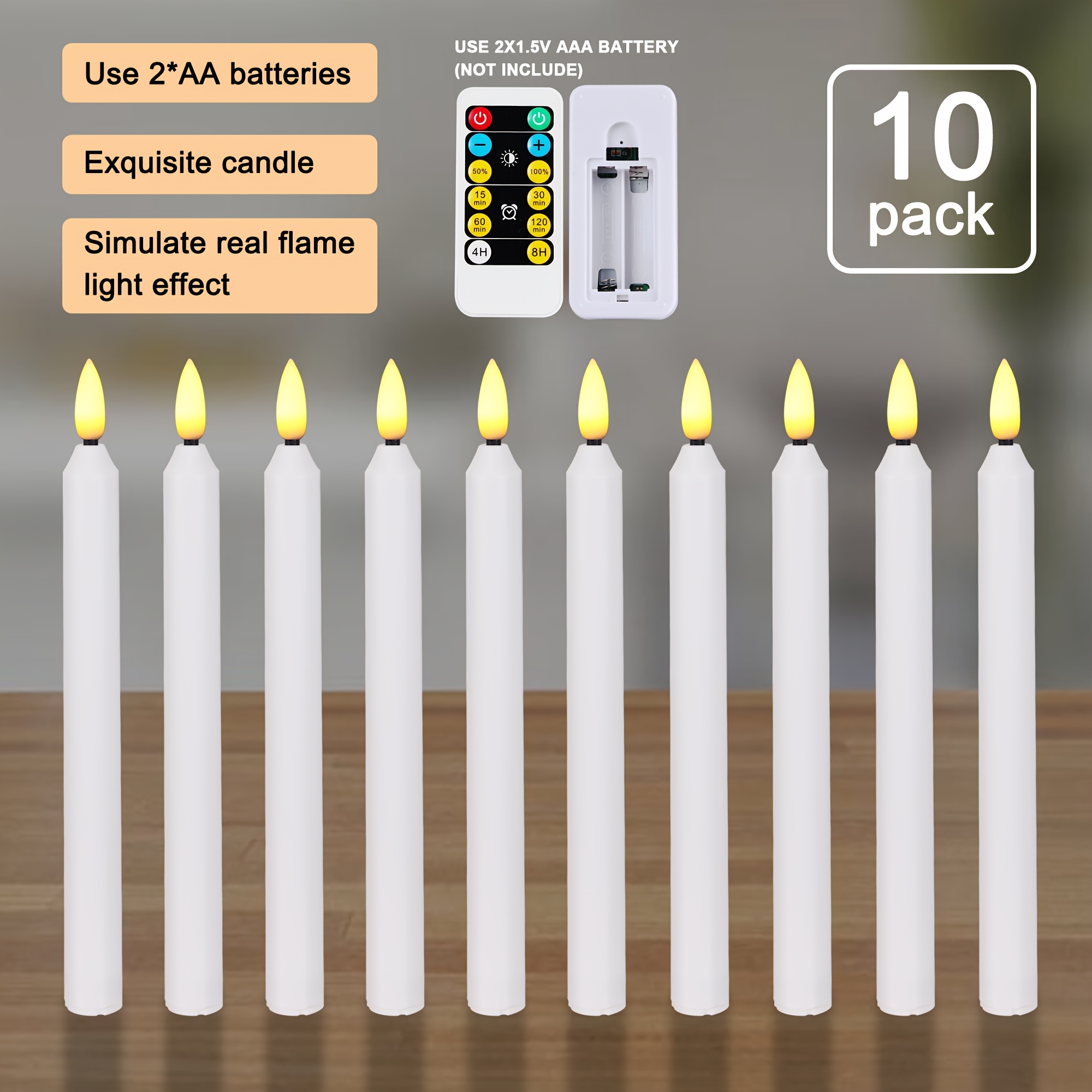 TEMU 10pack Flameless Taper Candles Max 2500hours By 2aa Battery (not Included) H9" Fake Led Candle With Remote Control For Christmas