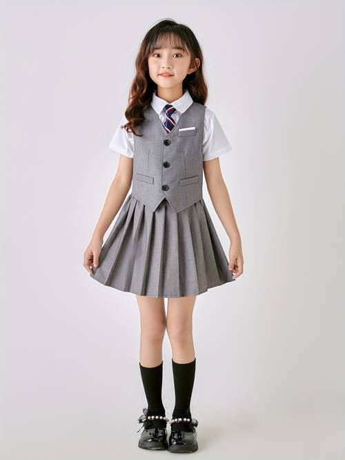 Girls' school uniform set, vest, skirt, tie, piano, hosting performance, wedding, flower girl, birthday party, graduation dress, daily wear, fashionable and comfortable (vest+skirt+tie). This product does not include shirts