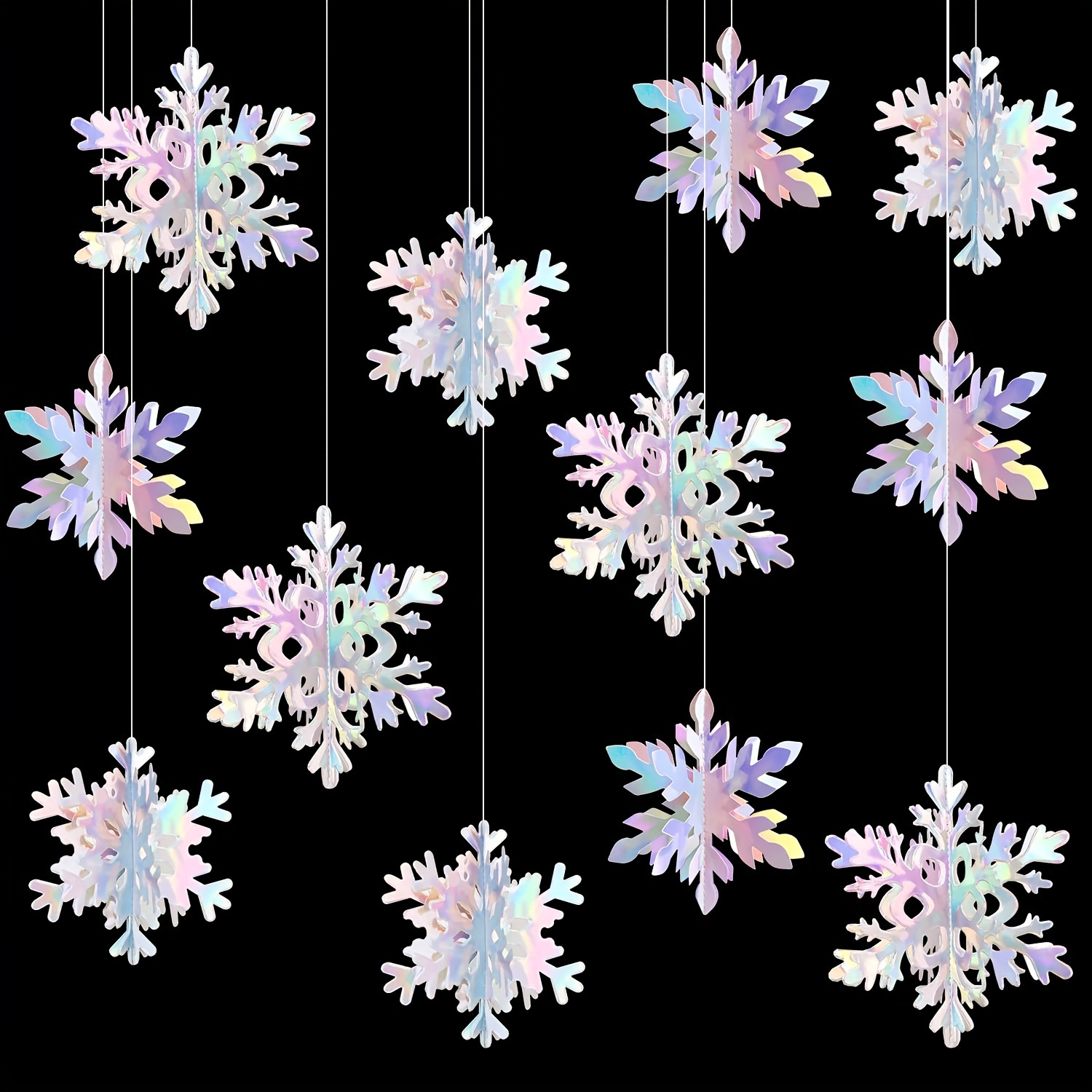 Image of 12pcs Of Rainbow Holographic Hanging Snowflake Christmas Party Decorations, 3d Winter Snowflake Streamers Banner, Birthday Bridal Shower Wedding Decor Items
