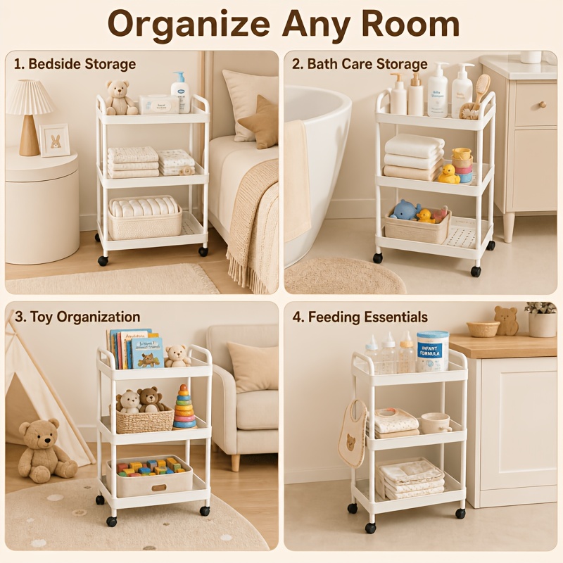 4-Tier Household Portable Floor Standing Nursing Cart with Handles, Storage Cart, Adjustable Multi-Level Changing Stand for Diapers, Bottles, And More