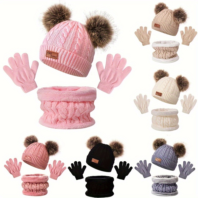 

Winter Knit Beanie Hat With Double Pom Poms, Neck Warmer Scarf, And Touch Screen Gloves Set, 2 Sets, Cozy Fleece Lined Warm Accessories For Women