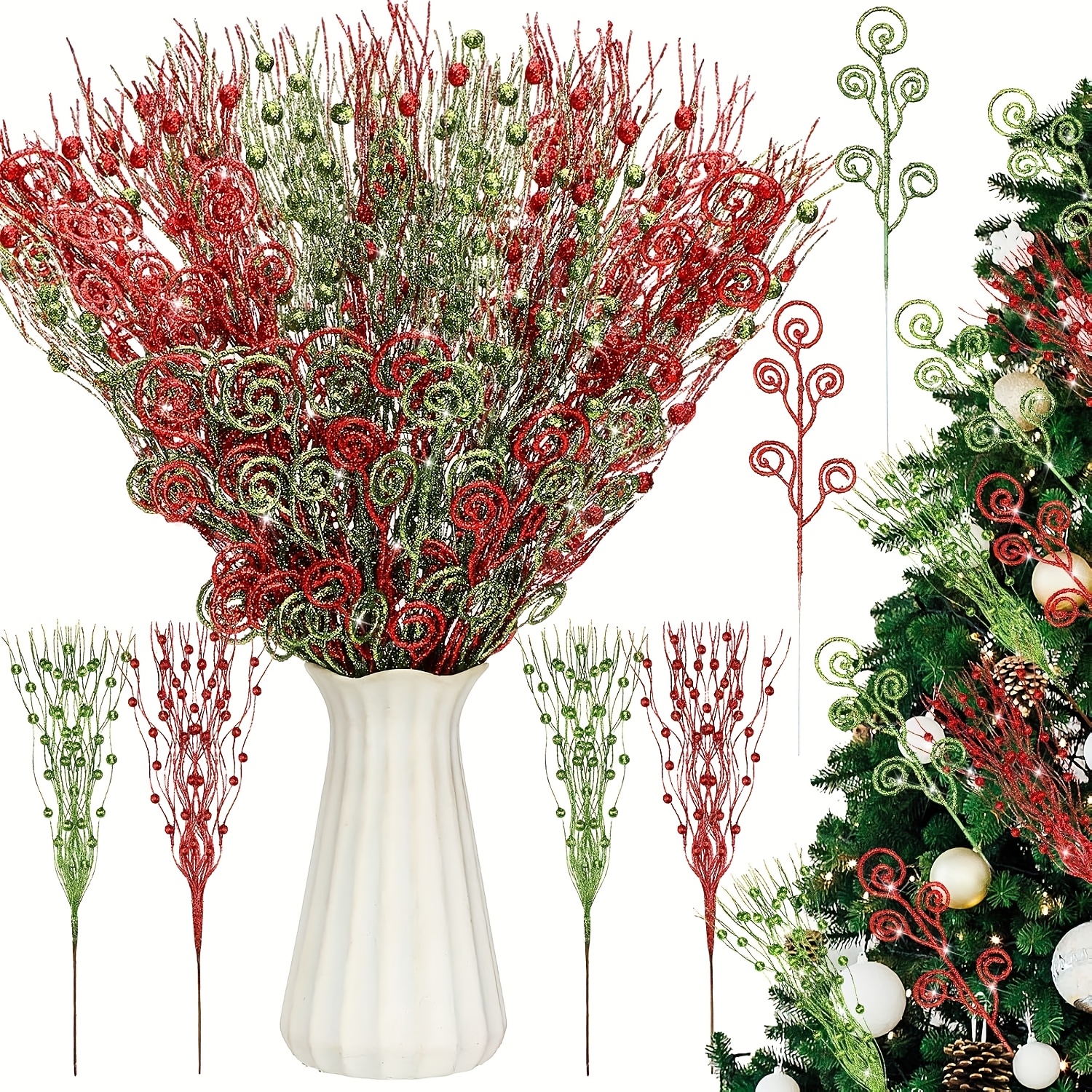 TEMU 36pcs Christmas 17'' 12'' Artificial Glitter Curly Berry Stems Christmas Candy Picks And Sprays Ornaments Fake Xmas Tree Sticks Branches For