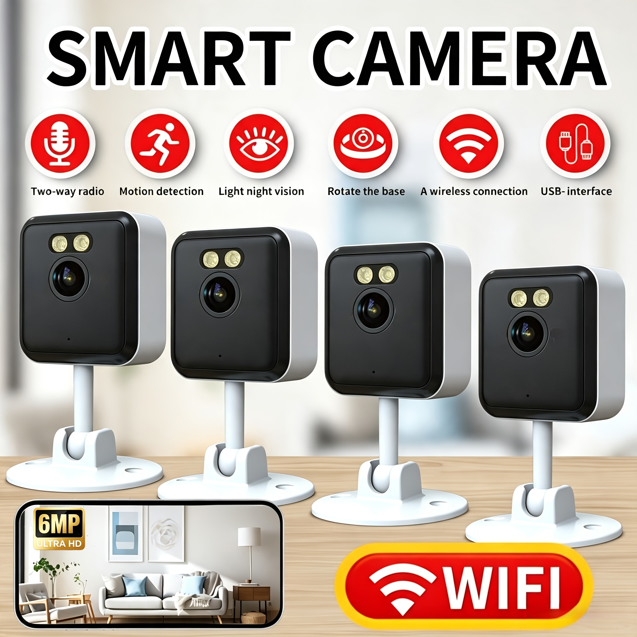 TEMU 4-pack 6mp Indoor Security Camera, Compatible With Alexa, Detection & Alarm Recognition, Night Vision, Audio, 2.4g Wifi, Compact Easy Setup,