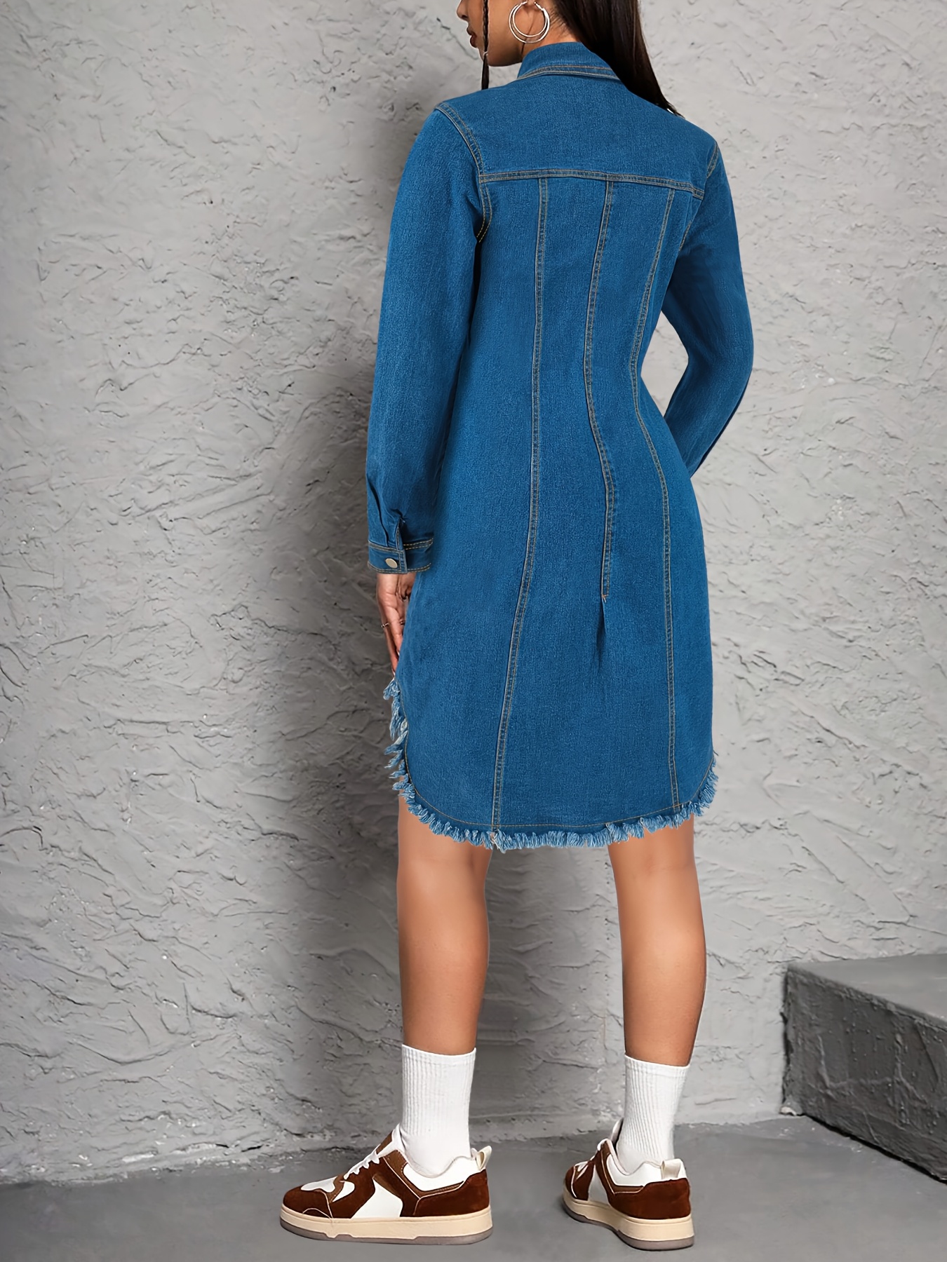 long sleeve denim bodycon dress 218623 cross border womens Navy Dress Burgundy Shoes evergreenessential while the long sleeves Color:White and Black