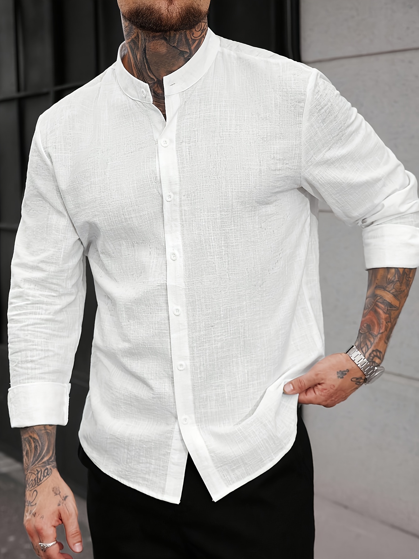 Men'S Casual Solid Long Sleeve Dress Shirt, Textured Shirt