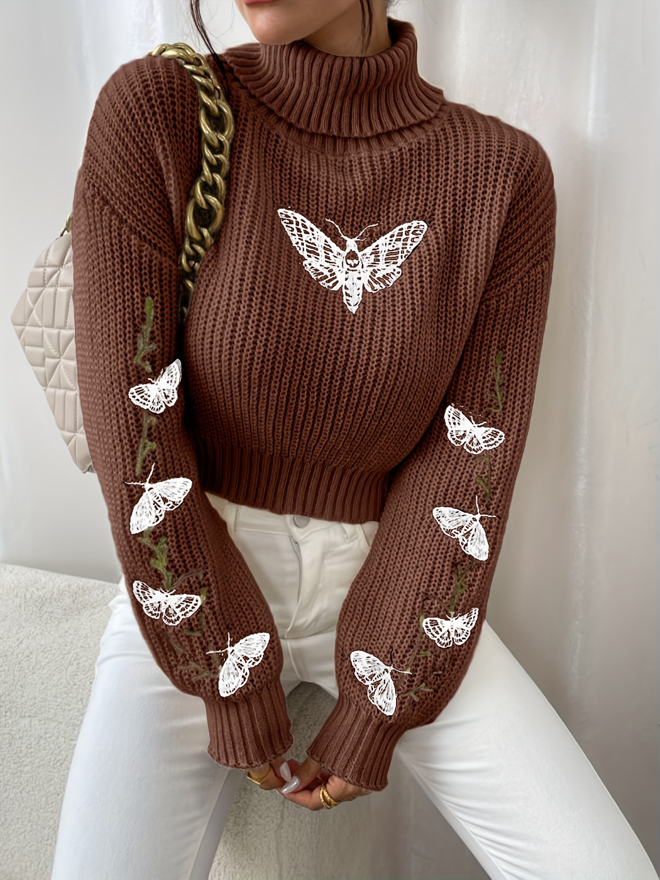 pull décontracté à col papillon pour femmes - pull rose à manches longues avec élasticité moyenne, haut confortable pour lautomne et lhiver, chandails de mode saisonnière, broderie délicate, couture de qualité, style féminin Détails du produit 6