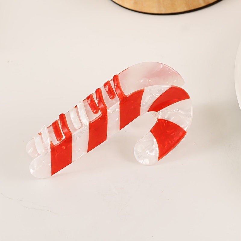 TEMU 1pc Christmas Candy Cane Hair Claw Clip, Red White Striped Crack Pearlescent Acrylic Shark Clip, Non-slip Serrated Teeth Jaw Clamp For All Hair