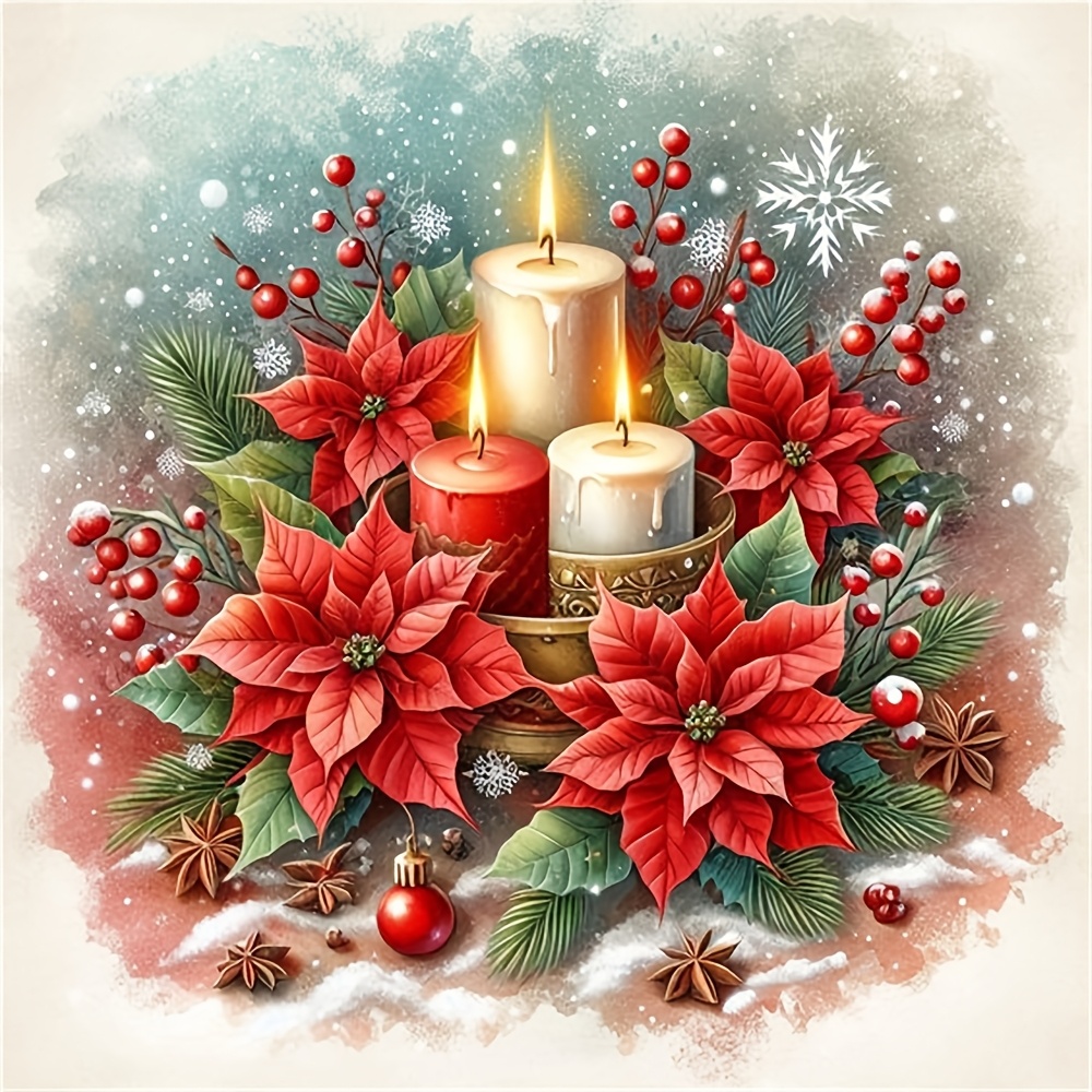 

1pc 5d Diy Kit, Round Acrylic Christmas Candle & Poinsettia Theme, Embroidery , For Home Decor & Christmas Gift