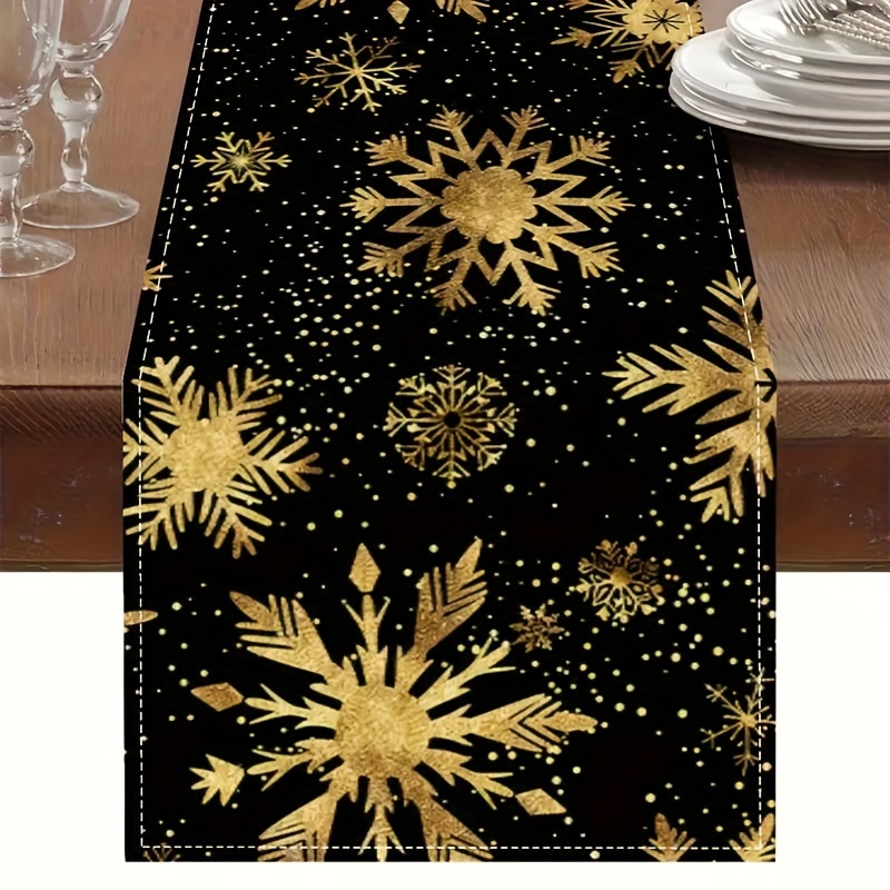 

1pc Golden Table Runner - Christmas, Farmhouse Style, Polyester, Rectangular, Indoor/outdoor Use