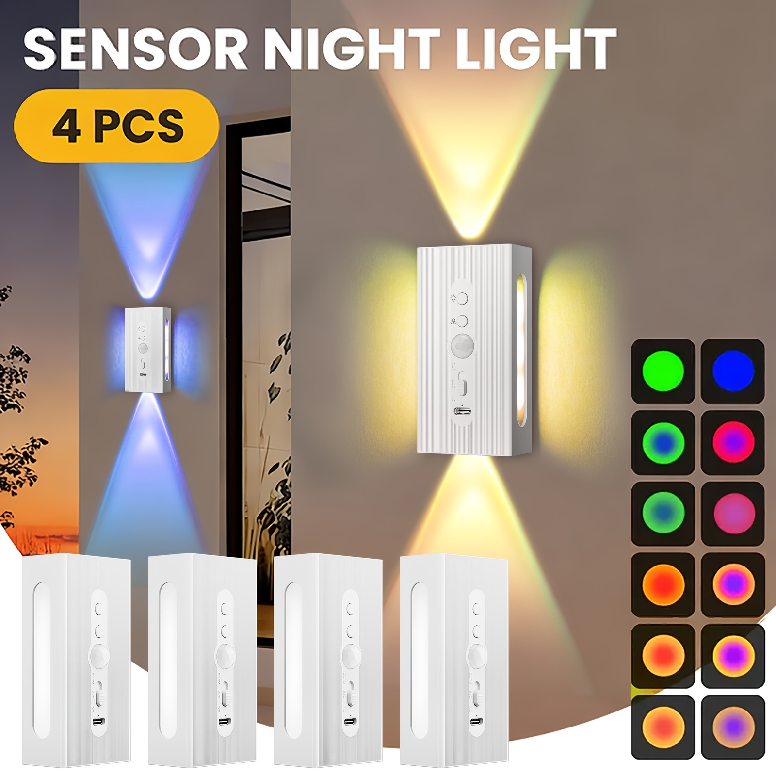 E-shop 4/2/. LED Nachtlicht RGB Farbwechsel, Auf- & Abbeleuchtung + 2 Seitenbeleuchtung, Gesamt 64 Beleuchtungseffekte, PIR-Bewegungssensor, 360°
