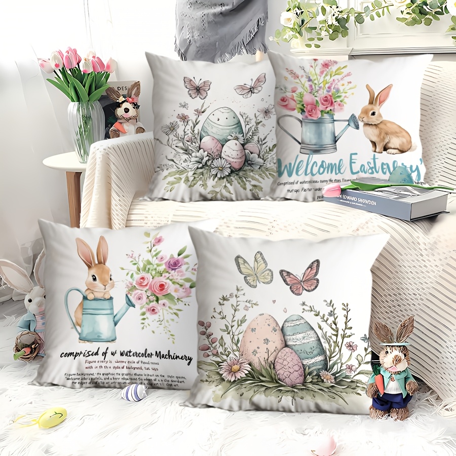 

4pcs Easter Decor Set: Modern Velvet Pillow Covers With Butterfly, Rabbit & Egg Designs - Living Room, Bedroom, Garden & Office - Machine Washable, Zip Closure