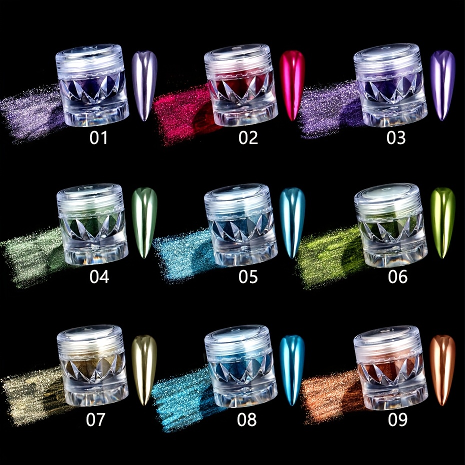 Image of 9pcs Holographic Nail Powder - Glitter Suitable For Diy Manicure, Nail, Glossy & Shimmer - Non-color-shifting Chromatic Powder For Nail Decorations