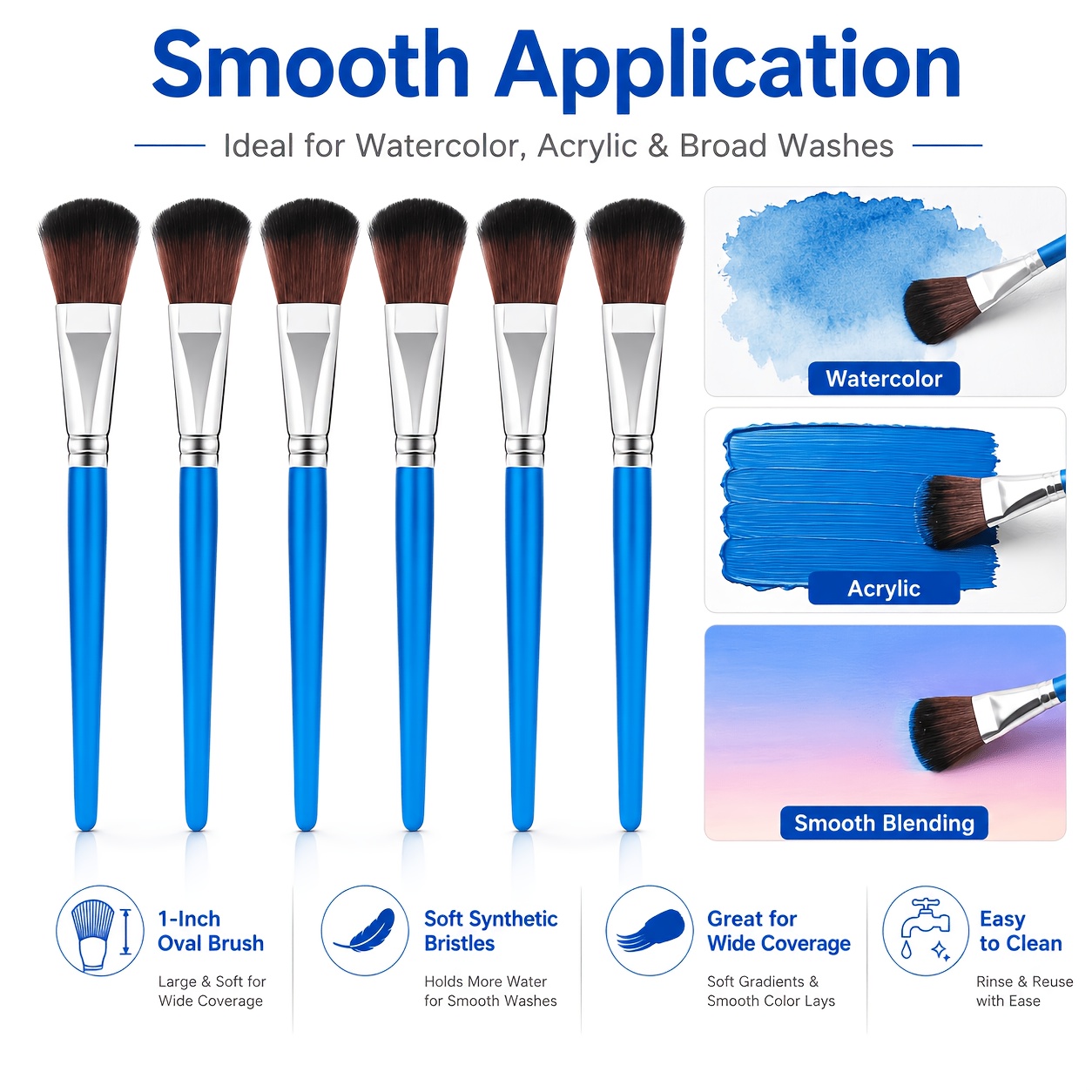 Temu – TEMU 6pcs Mop Brushes For Acrylic Painting, 1 Inch Oval Blending Brushes Acrylic Paint Brushes With Short Wooden Handle For Watercolor Gouache Blue