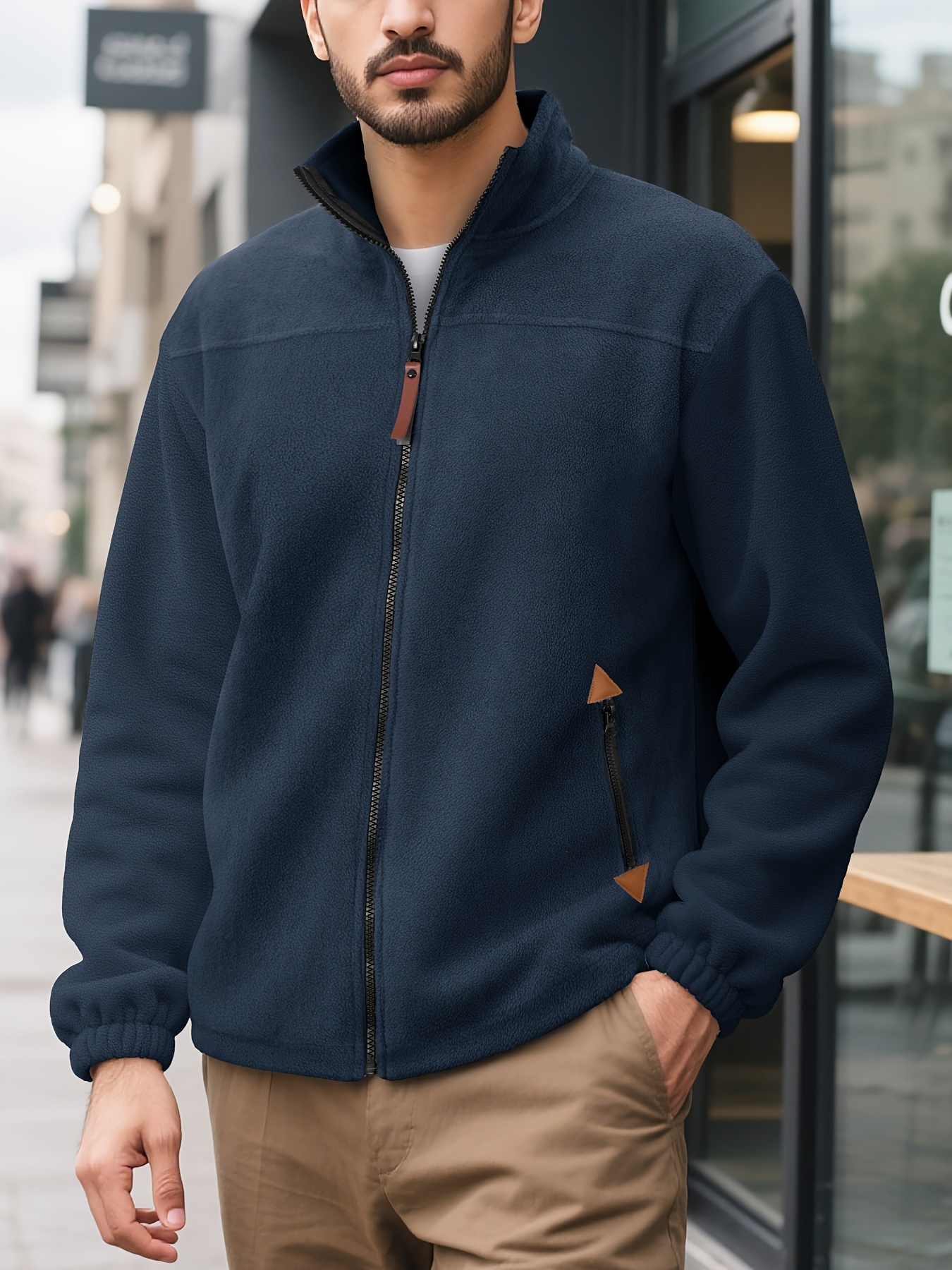 mens casual stand up collar full zipper   sports fleece jacket