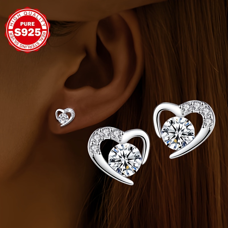 valentines day gift a pair of heart shaped round zirconia earrings s925 pure silver sweet simple and unique low luxury symbolizing     suitable as a valentines day gift for mom girlfriend wife low allergy