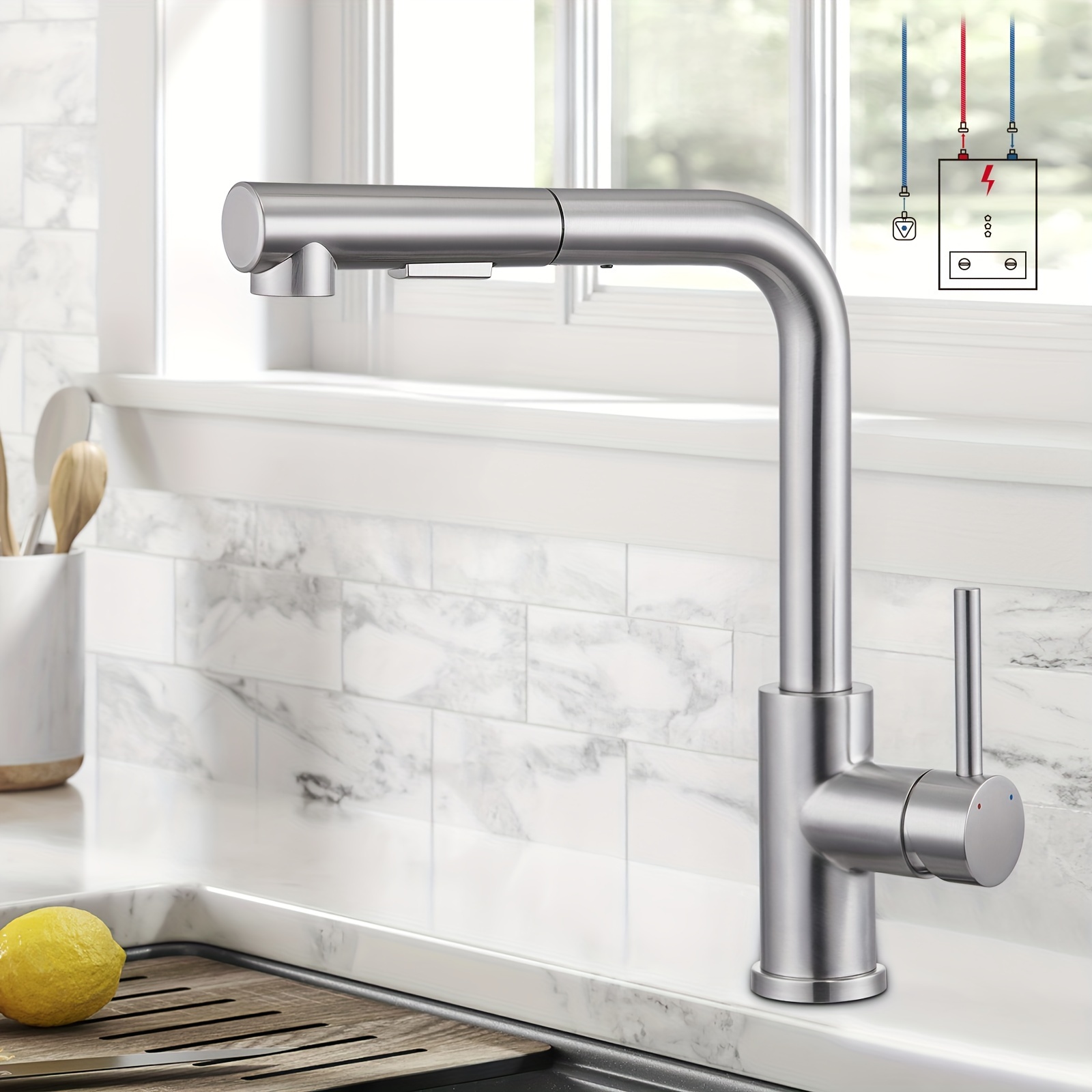 

Low-pressure Kitchen Tap, Brushed, Pull-out Kitchen Tap With 2 Spray Modes, Low-pressure Tap With 3 Connections For Boiler, 360° Rotatable Stainless Steel Kitchen Tap