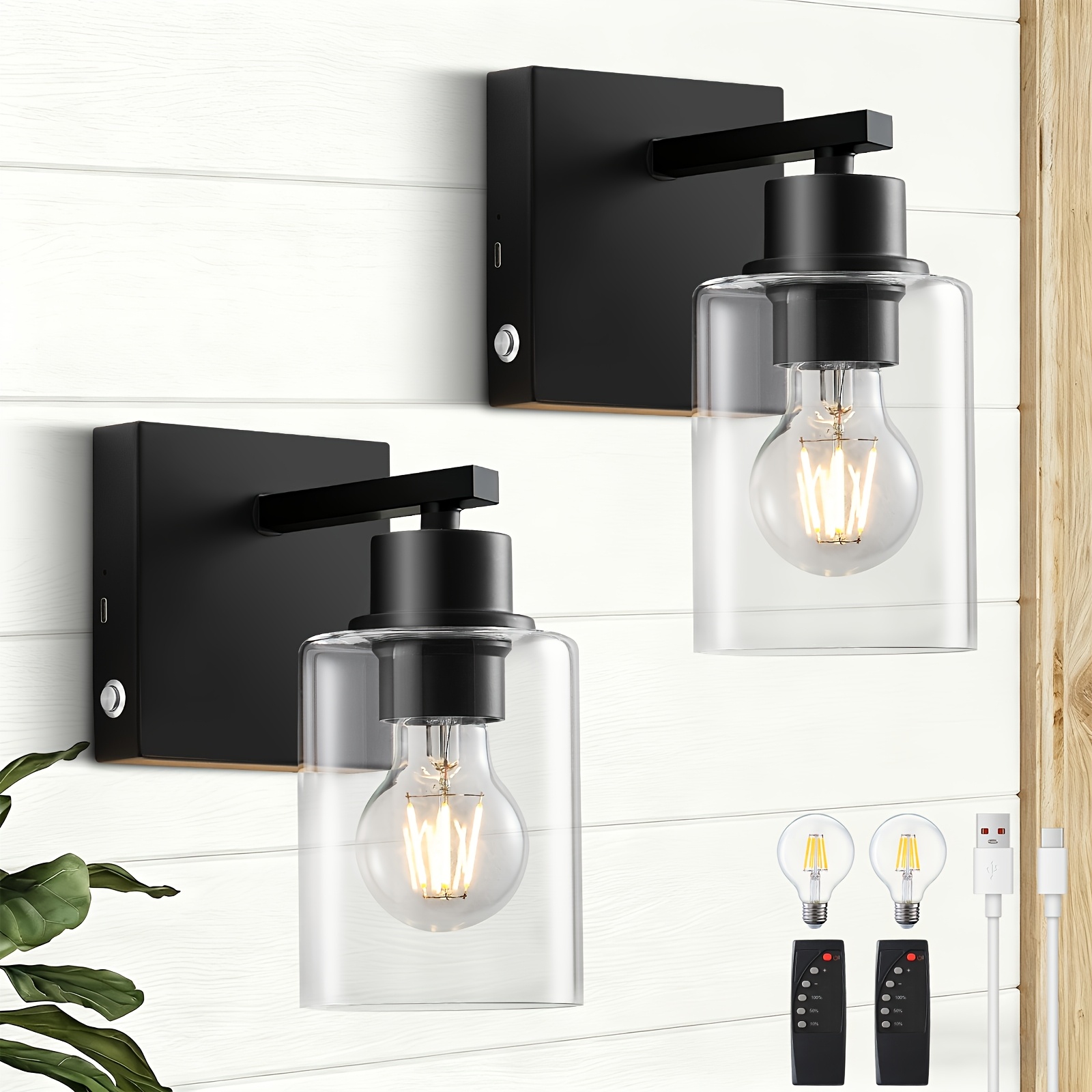TEMU Ensemble de 2 ou 1 appliques murales à piles, rechargeables pour , avec réglages de luminosité, contrôle tactile, chargement USB et une lumière