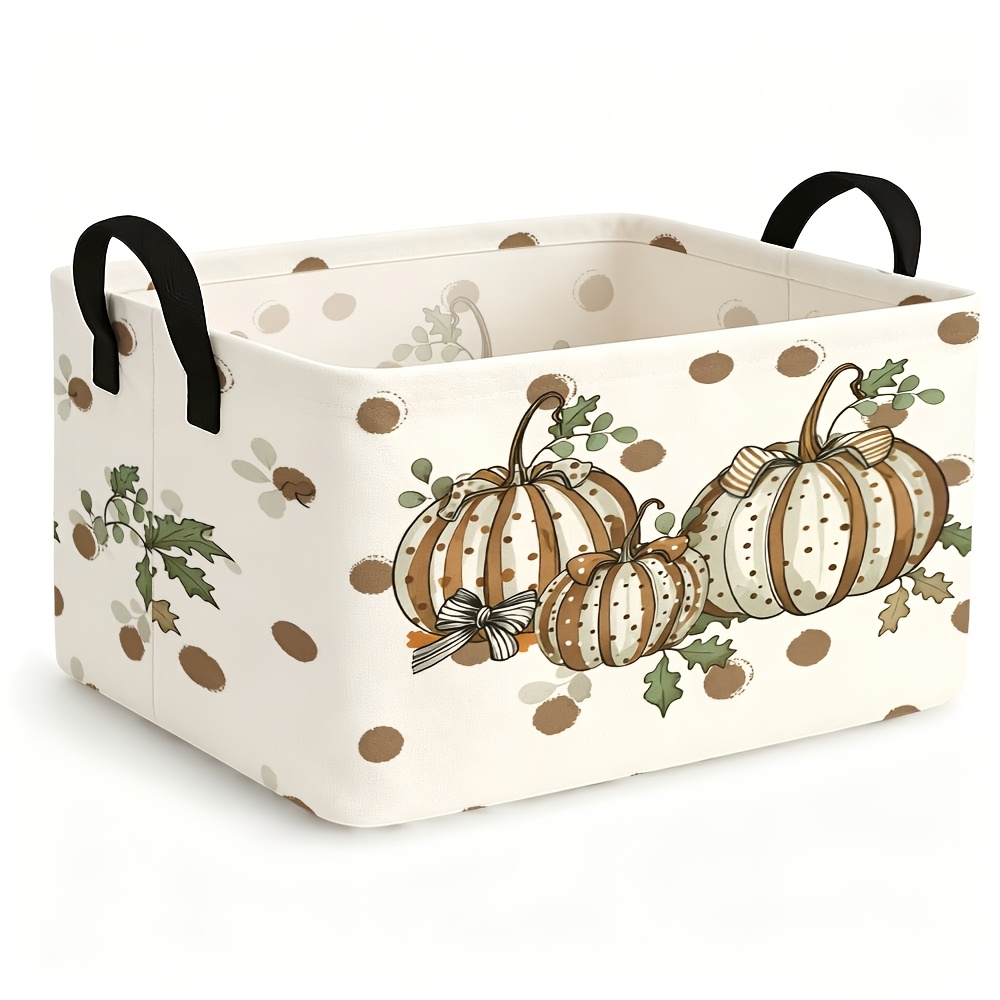 TEMU 1pc Open Storage Bins Autumn Thanksgiving Fall Striped Pumpkin Bow Print Storage Baskets, White Background Brown Polka Dot Rustic Farmhouse