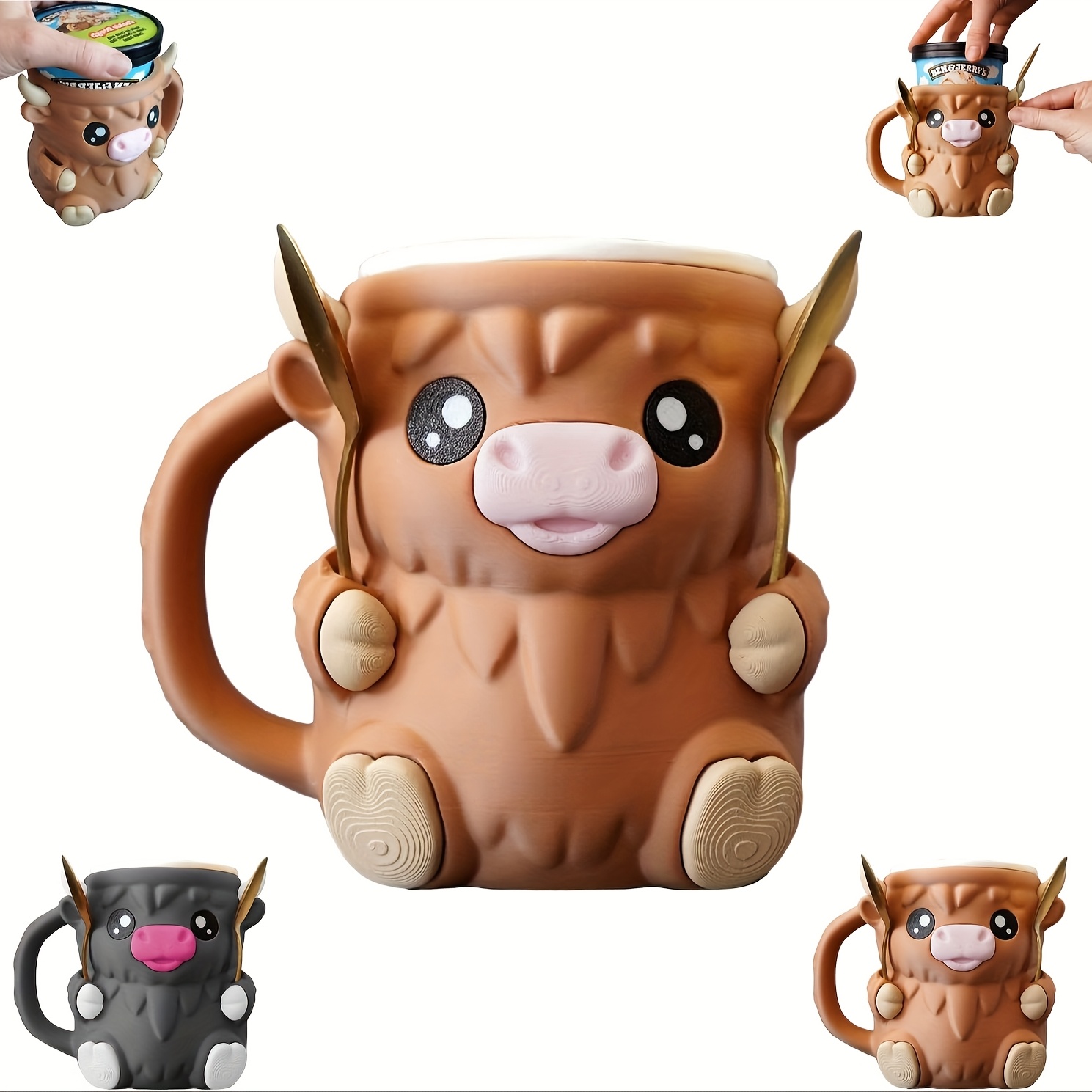 1pc Highland Cow Ice Cream Cup Holder, Penguin Ice Cream Pint Cup Holder, 3D Printed Reusable Cup Sleeve, Hidden Snack Storage Drawer, Multi-Purpose Beverage Cooler, Comfortable Drink Rack, Party Accessory, Highland Cow Decorations, Highland Cow Gift