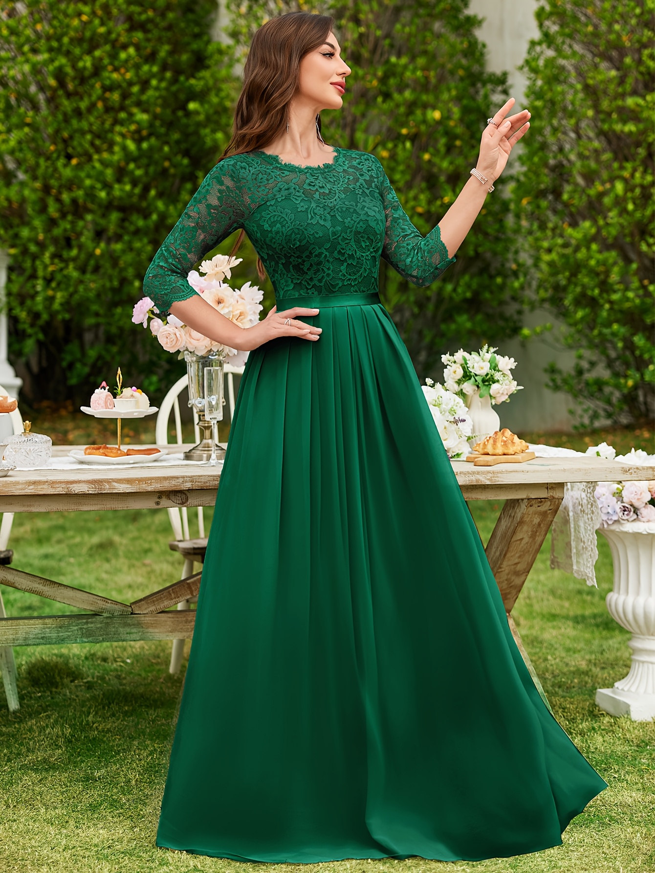 womens elegant floral lace contrast chiffon 3 4 sleeve - Temu Oman