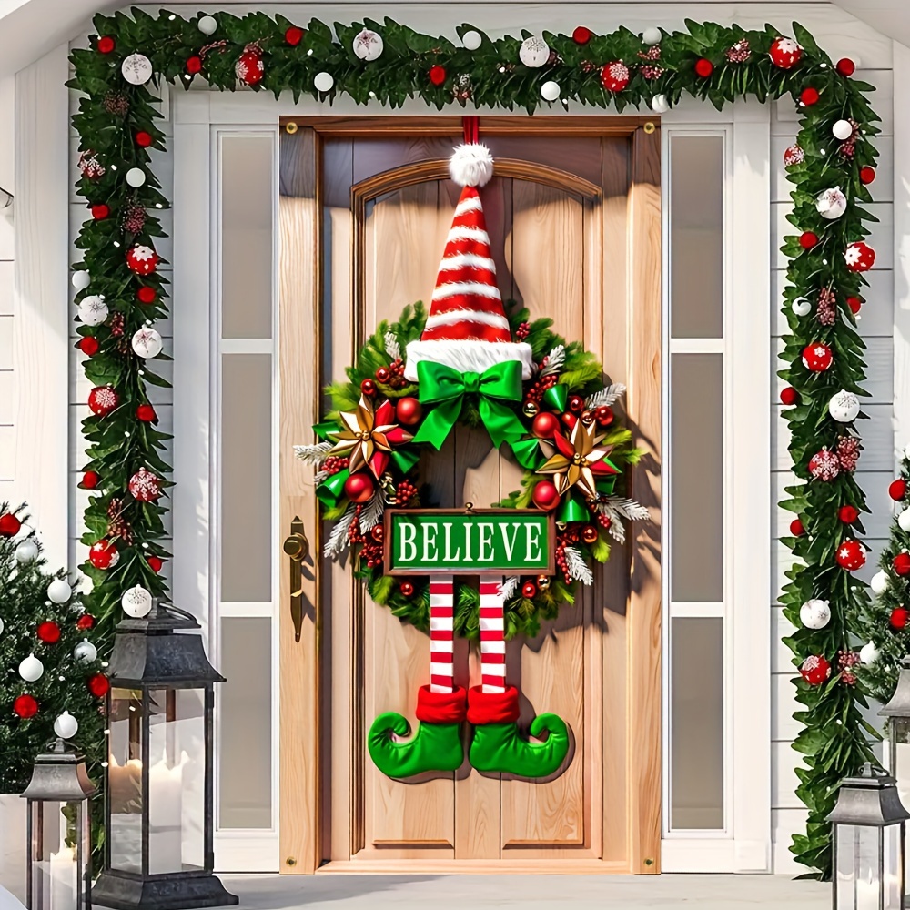 

1pc Christmas Wreath Door Banner, Polyester Holiday Garland With "" Sign, Carnival Theme Decoration For Home Entrance, Porch, Garden, No Electricity Needed, 70.8x35.4 Inches