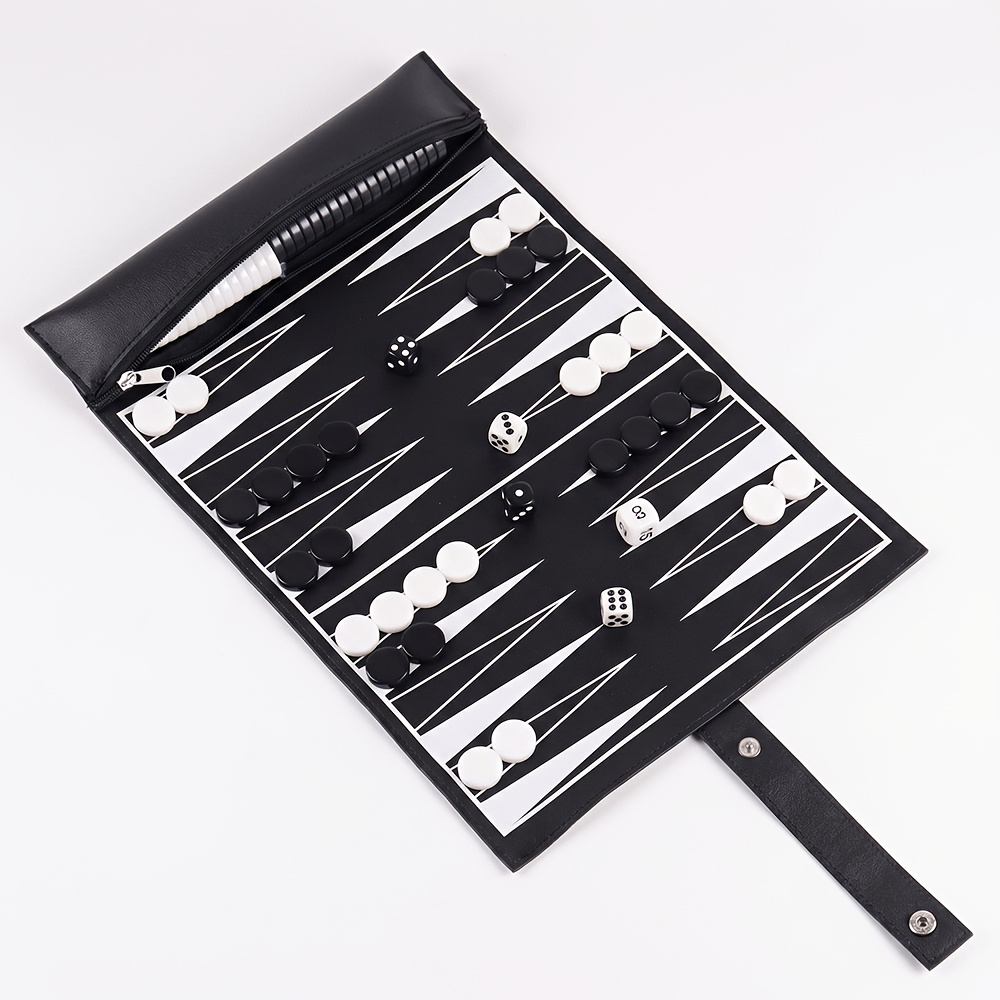 TEMU 1 Ensemble Complet de Jeu de Société de Backgammon en Cuir PU - Rangement Enroulable Portable Adapté pour le Camping, la Randonnée, la Plage |