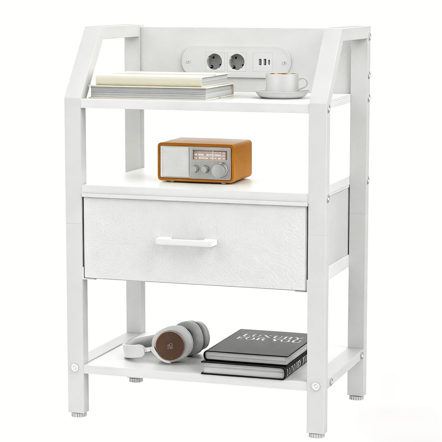 Image of Nightstand With Power Outlets, Modern Bedside Table Featuring Open Shelf And Fabric Drawers, Side End Table For Bedroom Home Office In Black White Tiger Print Gray