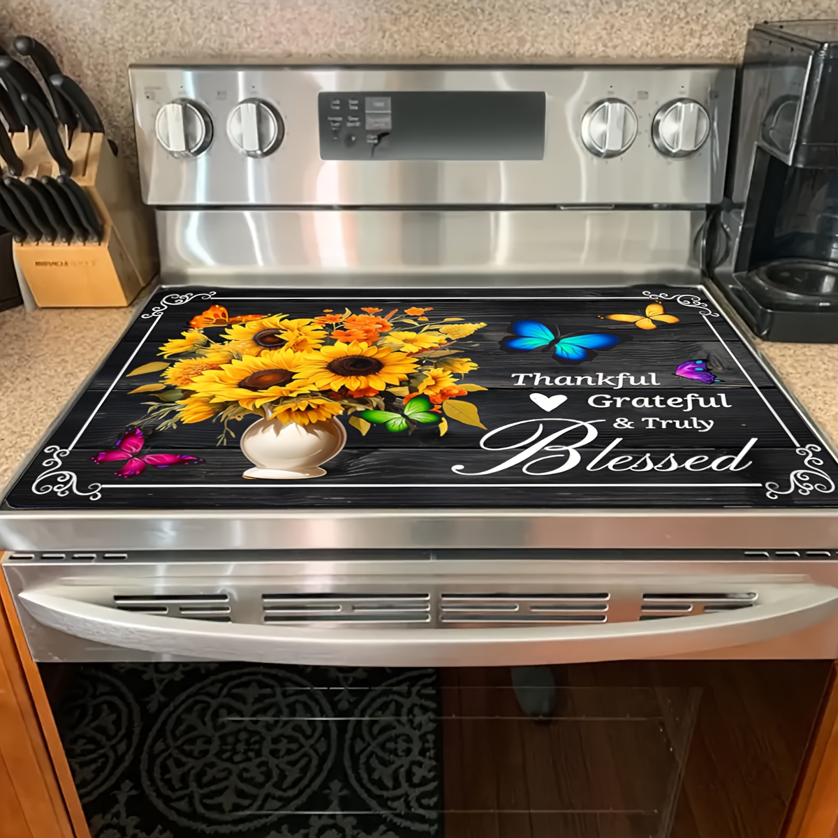 

1pc Sunflower Design Heat Resistant Stove Top Cover, 28.5x20.5"/72.5x52cm, Glass Stove Protector, Anti- Cooktop Cover, Dishwasher Safe Natural Rubber Mat, Cat Pad For Kitchen Cooking