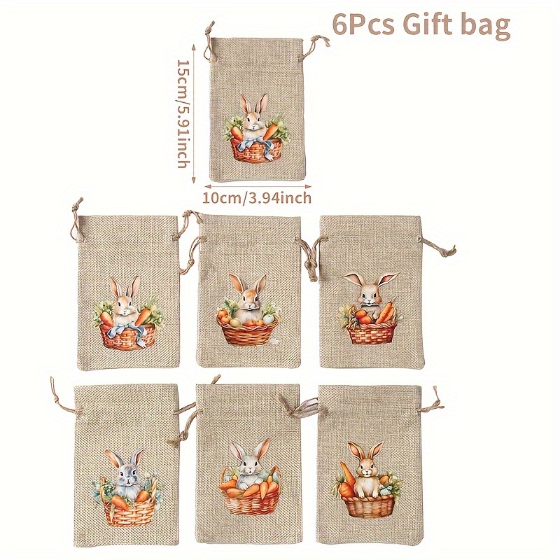 6pcs,country Style Easter Rabbit Linen Candy Bags, Egg Carrot Easter Party For Guests Candy Packing Bags, Decoration For Home,easter Party Supplies Drawstring Gift Bag