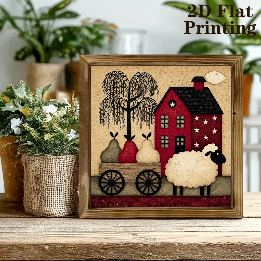 TEMU 2D Plat, 2D Plat, Un design 2D représentant une rustique dans un style de ferme avec des d'art de moutons, encadré dans une décoration murale en