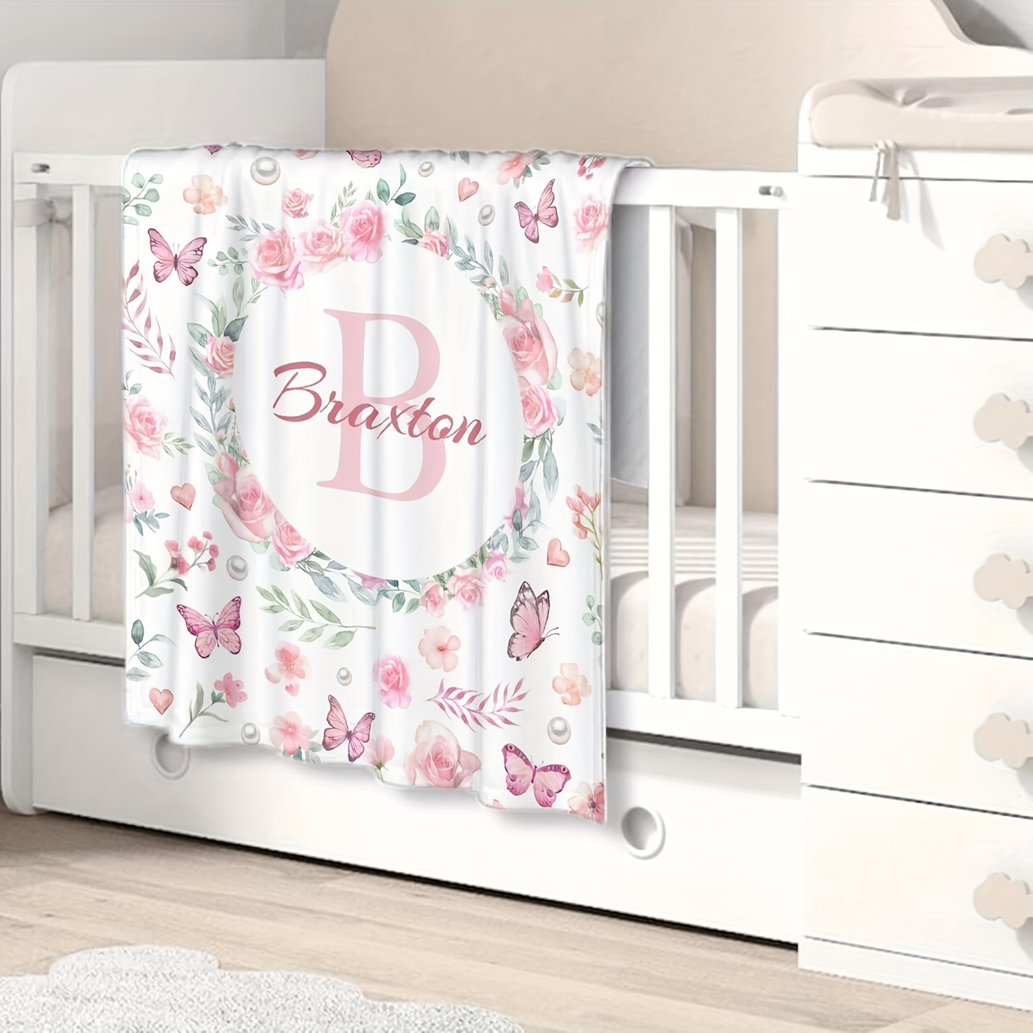 TEMU [custom] 1pc Creative Floral Print Name Custom Flannel Blanket, Customizable, Holiday Blanket, Birthday Gift, Gift Blanket, , Outdoor Beach