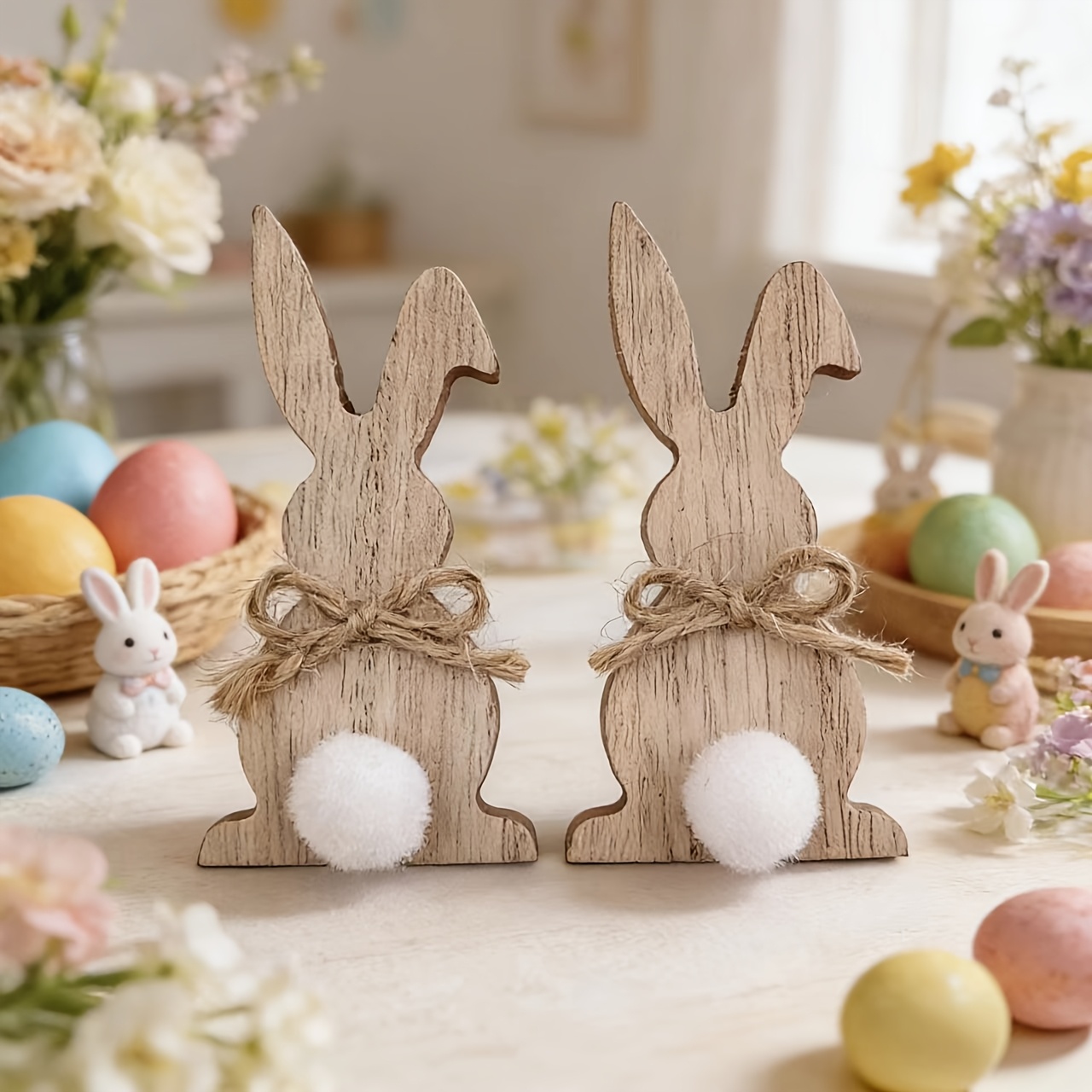 2pcs Statue Ornaments, Decorative Wooden Bunny, Easter Lovely Bunny With Bow, Use For Easter Party Decoration