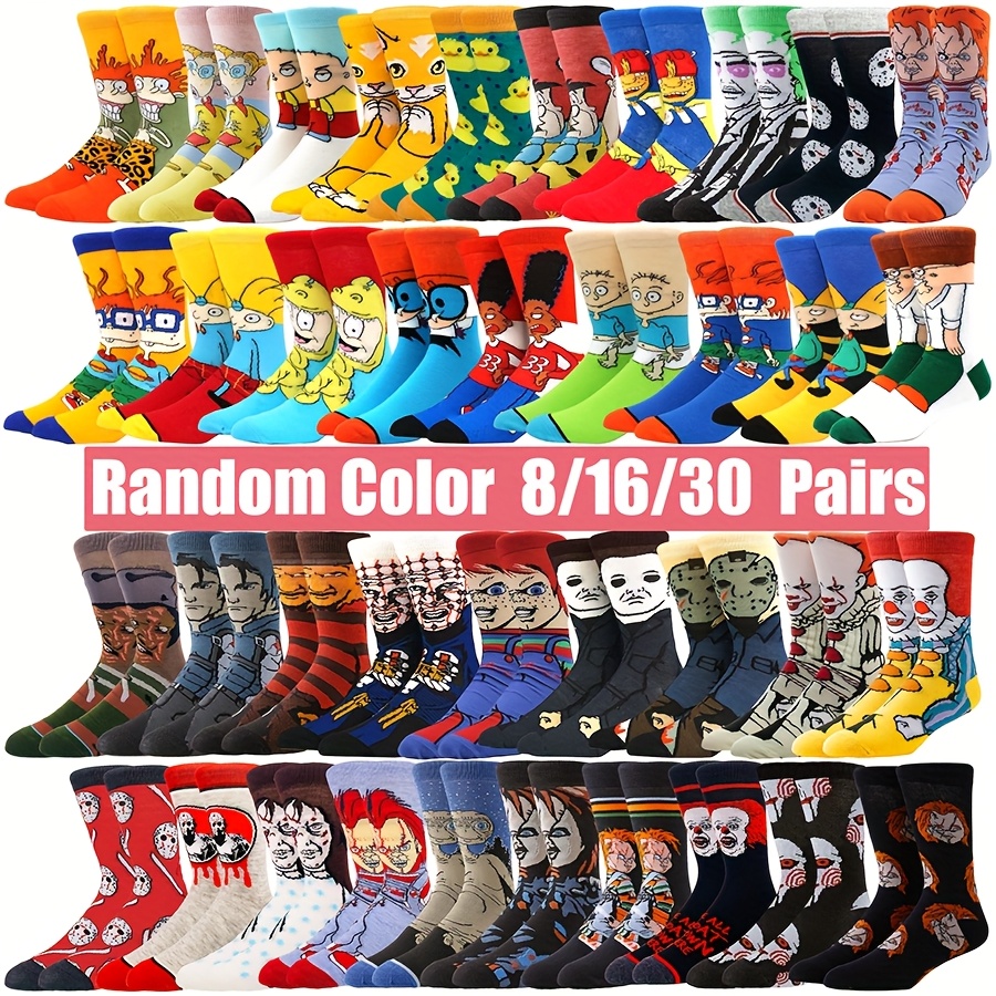 

8/16/30 Pairs ' Cartoon Anime Crew Socks - , Fun Novelty Designs With Characters, Animals & Abstract Patterns - Comfy Polyester , Machine Washable For All , Funny Socks