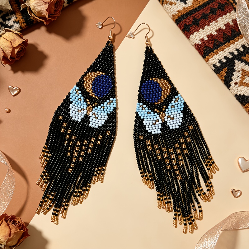 TEMU Boucles d'oreilles pendantes à franges en perles de graines de papillon , boucles d'oreilles longues à franges en perles de style bohème western