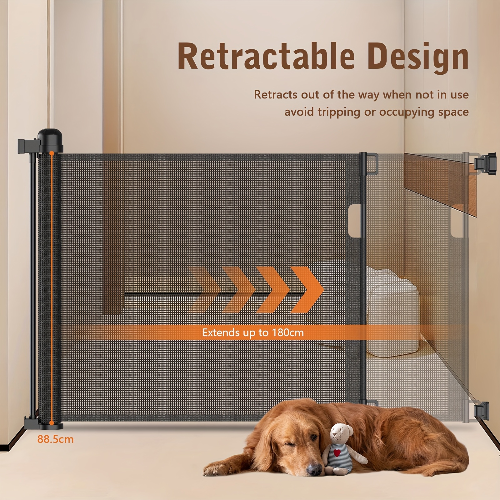 150/180/300cm Retractable Dog Pet Gate Mesh Safety Gate For Doorways & Stairs Indoor & Outdoor Pet Gates For The House, Black