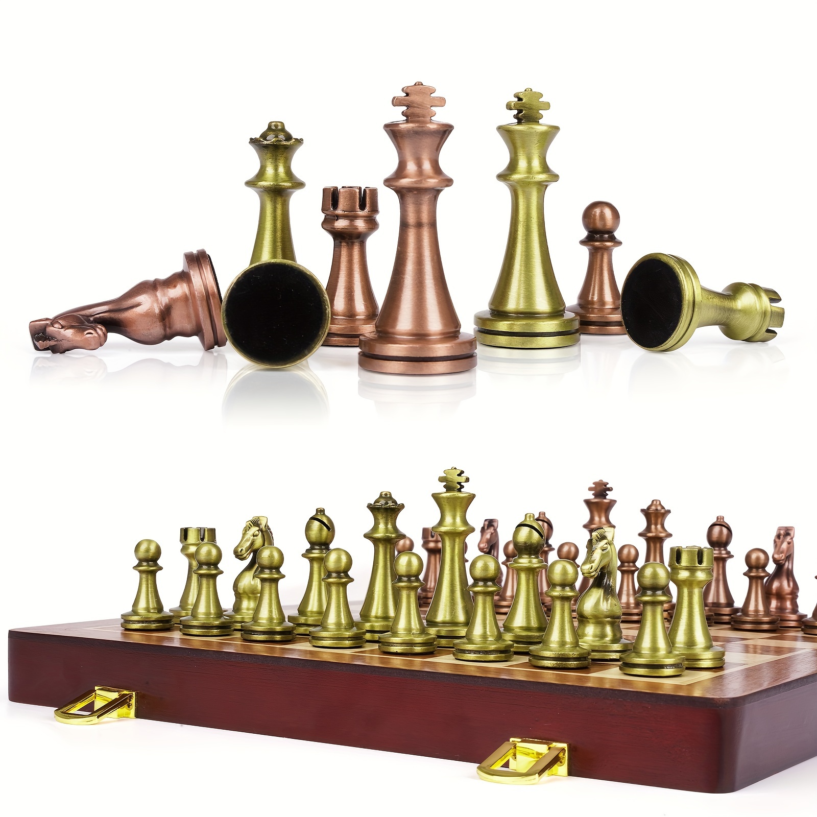 

Retro Metal Chess Set With Folding Wooden Chess Board And Standard Pieces Metal Chess Set For Adult