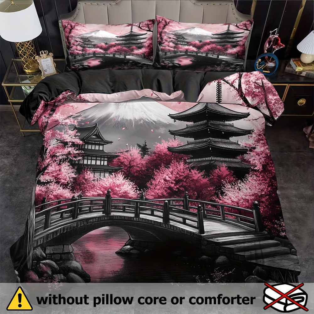 E-shop 3er Set Bettbezüge im japanischen Stil mit Kirschblüten und Pagoden, aus atmungsaktivem Polyester, für alle Jahreszeiten geeignet,