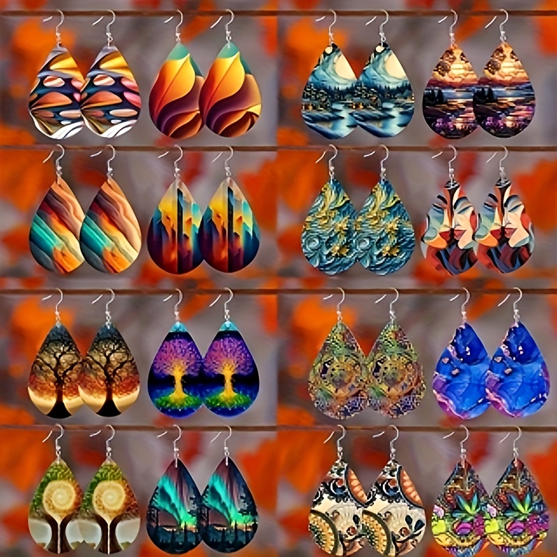 

16 Pairs Of Water Pattern Double Boho Creative Temperament Color Pattern Drop Earrings For Women