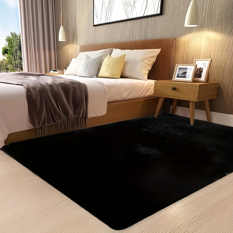 TEMU 1pc Solid Black Shaggy Carpet, Long Pile Fluffy Non-slip, Machine Made